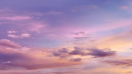 Soft pastel clouds drift across a serene sky at sunset, blending hues of purple, pink, and gold for a tranquil, dreamy atmosphere.