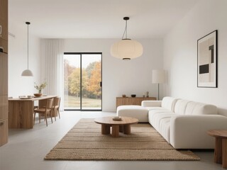 Modern Minimalist Living Room with Autumn View
