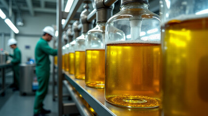 Flax seed oil extraction in a modern facility with transparent pipes showcasing golden oil in...