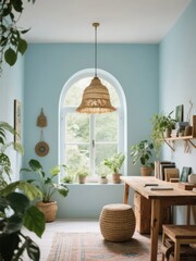 A cozy home office with a large arched window and various plants