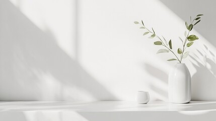 Minimalist white background  with plant in a vase on the table