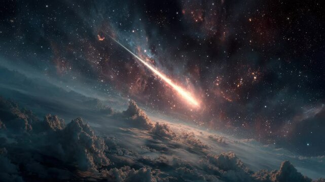 Bright Meteor Streaking Across Night Sky Over Earth