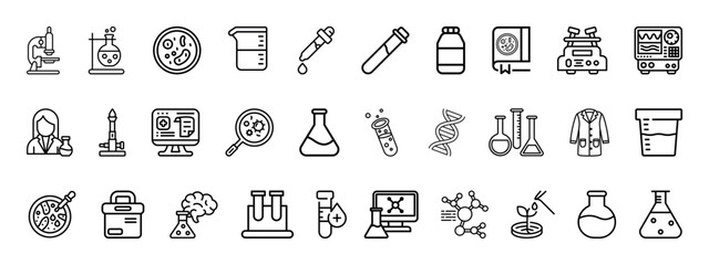 Laboratory related outline icon set. Lab, flask, microscope, syringe, pipette, molecule, sample, test tube, biology and more. Icons for scientific testing, research, websites and health app.