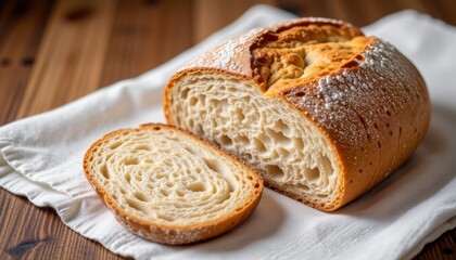 Freshly baked bread on a cloth napkin, sliced open.