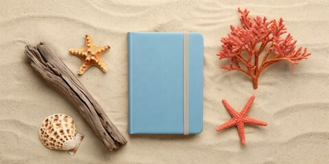 Coastal scene with a notebook, driftwood, shells, and starfish on sandy background.