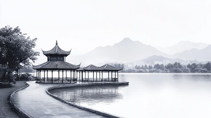 Traditional Chinese Pavilion Minimalist Ink Painting with Curved Roads and Mountains in Mist, Zen Minimalism, Ink Wash Effect, High Resolution, High Definition