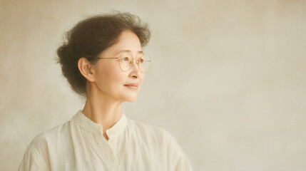 Middle-aged Asian woman in elegant clothes on pastel background