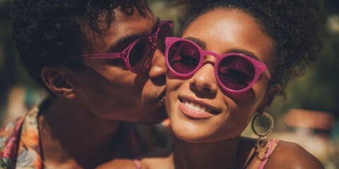 Stylish Couple Kissing Outdoors in Vibrant Sunglasses Exuding Confidence and Joy