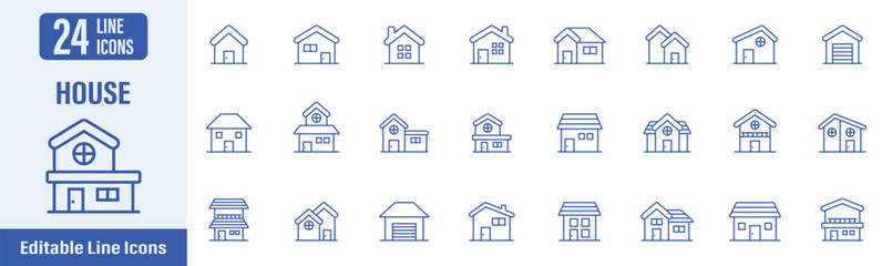 House web icons in line style. Contains icons as house, building, real estate, home, architecture, hotel, apartment and more. Vector illustration.