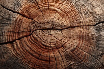 Close up of a freshly sawn tree trunk showing the annual rings and natural cracks, creating an interesting and organic pattern, detailed textures and warm colors.