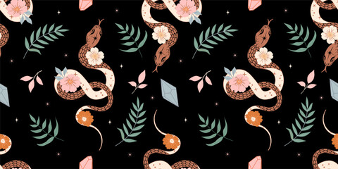 Seamless mystical boho pattern with snakes, wildflowers, crystals, and stars on black background. Elegant earthy palette in peach, terracotta, beige, mint. Ideal for textiles, wallpapers, and wrapping