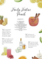 vector, cocktail recipe, Fruity Festive Punch, cocktail card, bar menu, cocktail, drink menu, for cocktail book, cocktail menu, alcoholic drinks, beverage, watercolor, bar cocktails 