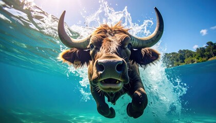Majestic Water Buffalo Emerging from Blue Waters, creating Splashes, close-up