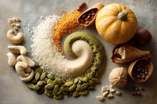 Creative spiral arrangement of raw foods featuring grains, lentils, pumpkin, and nuts, symbolizing healthy eating and autumn harvest abundance, showcasing a vibrant color palette.
