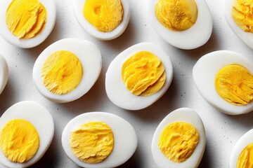A close-up of halved hard-boiled eggs arranged in a pattern, showcasing their vibrant yellow yolks and smooth white surfaces against a neutral backdrop.