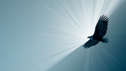 Fototapeta premium flat design of bold bald eagle silhouette flying with sunburst lines in background