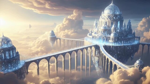 Majestic sky bridge fantasy castle floating in clouds. 4K Video