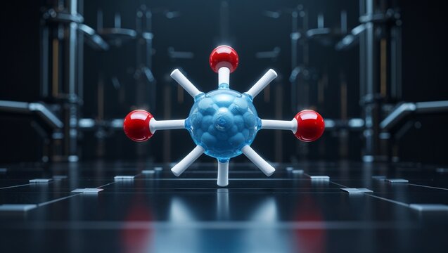 Calcium carbonate cluster: central sky-blue calcium ion surrounded by three coral-red oxygen spheres and one graphite-gray carbon sphere in trigonal planar carbonate ion, subtle ionic bond 