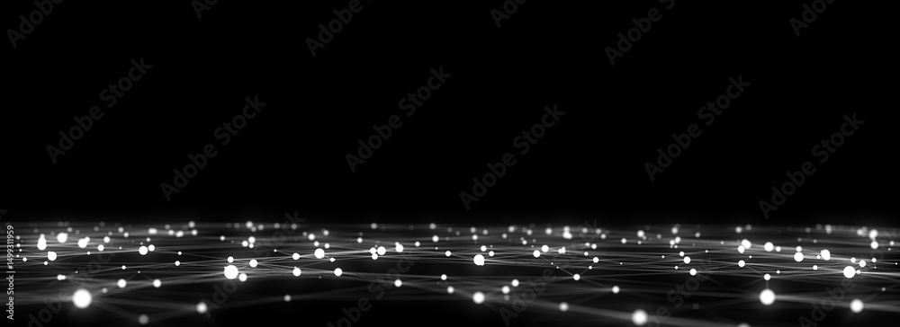 Poster abstract technology wave of particles. big data visualization. background with motion dots. artifici