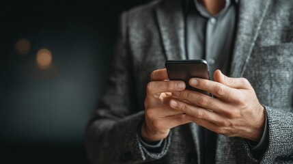 Man in suit using mobile device. Business professional interacting with technology in a dimly lit environment, focus on device in hand.