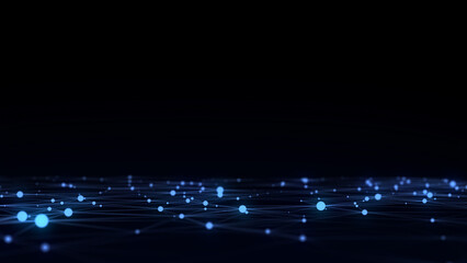 Abstract technology wave of particles. Big data visualization. Background with motion dots. Artificial intelligence.