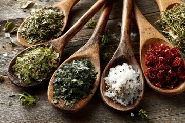 A rustic arrangement of wooden spoons filled with various herbs and spices, conveying a sense of culinary tradition and natural ingredients, on a wooden surface.