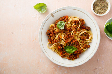 Spaghetti Bolognese with fresh basil	