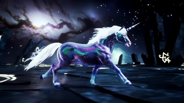 A legendary unicorn galloping across a glowing field of stars on a floating island.