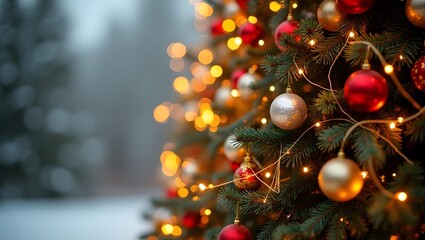 A decorated Christmas tree adorned with red and silver ornaments, creating a festive holiday atmosphere.