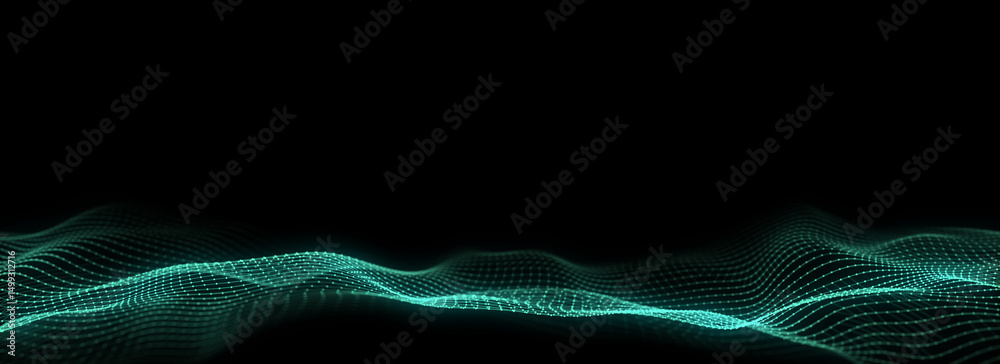 Wall mural abstract technology wave of particles and lines. big data visualization. background with motion dots