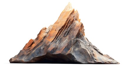 Isolated rock formation with sharp peak and layered texture on a white background in studio lighting