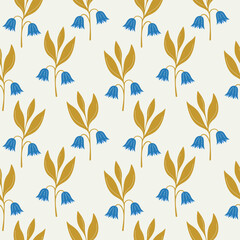 Seamless golden floral pattern with blue bells. Bell flowers with golden leaves on beige background.