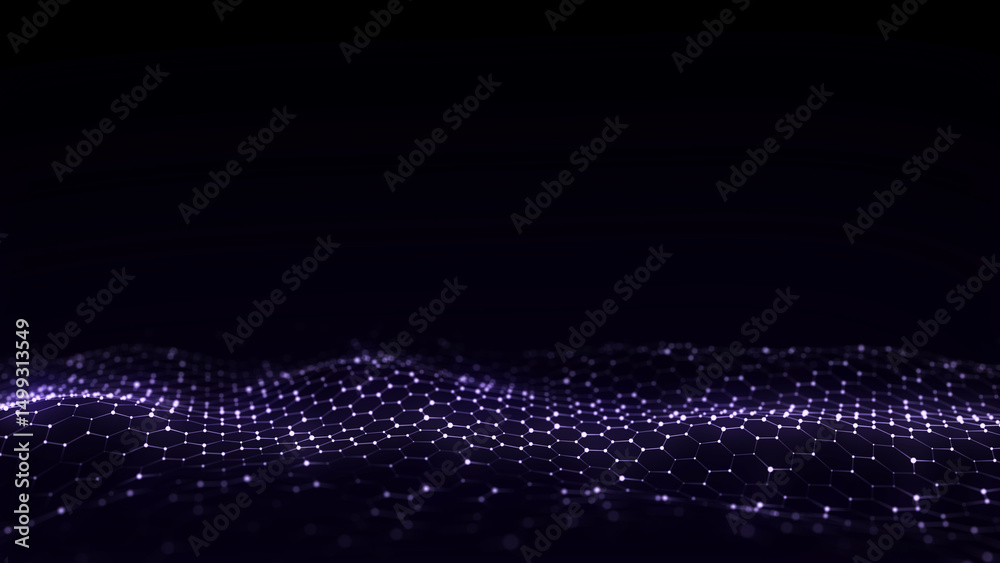 Poster futuristic hexagon wave. dark cyberspace. abstract wave with dots and line. blue moving particles on