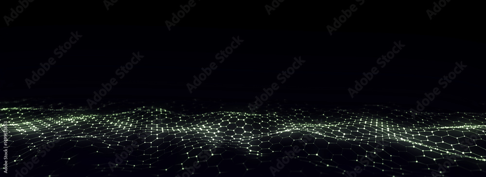 Wall mural futuristic hexagon wave. dark cyberspace. abstract wave with dots and line. blue moving particles on