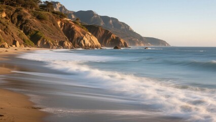 A serene beach with rolling waves and cliffs in the background