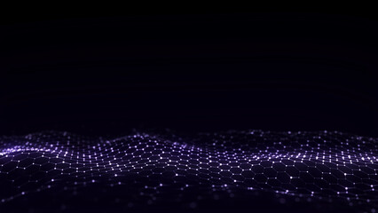 Futuristic hexagon wave. Dark cyberspace. Abstract wave with dots and line. Blue moving particles on background. 3d rendering.