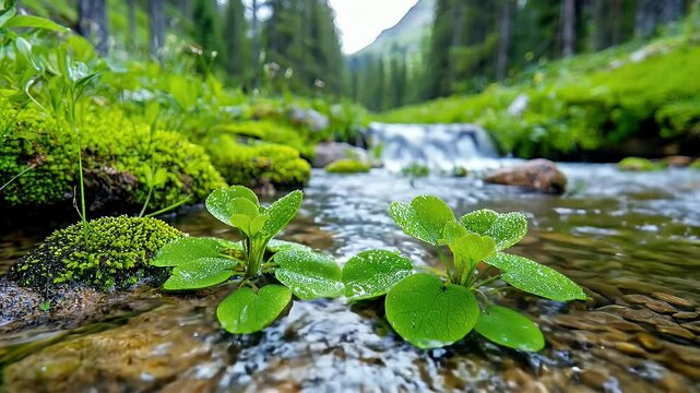Plant growing by stream in forest
