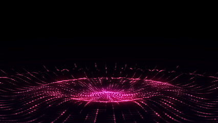 Futuristic wave. Dark cyberspace. Abstract music sound wave with dots. Blue moving particles on a black background. 3d rendering.