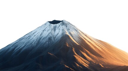 A view of a snow capped volcano with a visible crater under a bright white sky, in the daytime