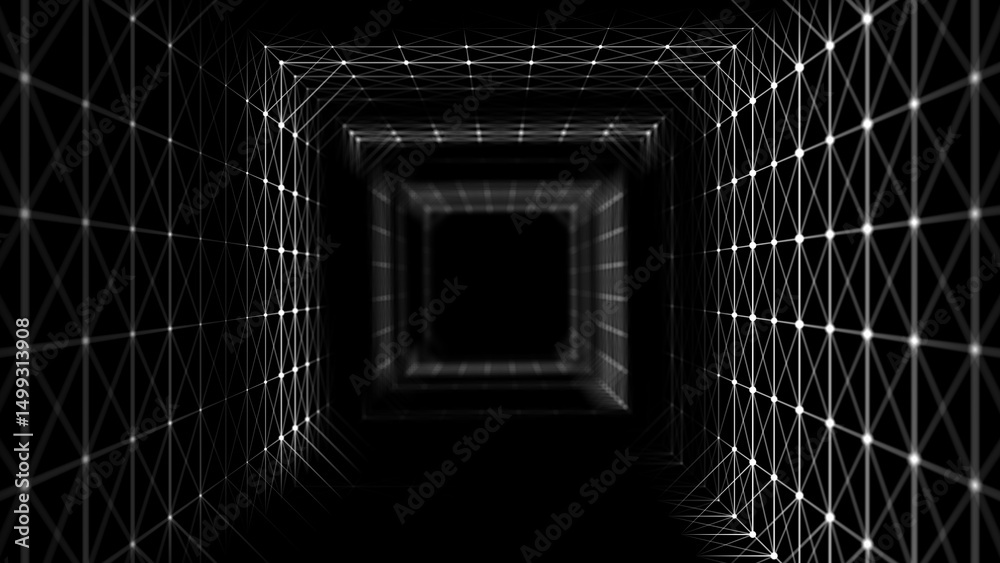 Wall mural abstract wireframe tunnel. wormhole. 3d portal grid. futuristic fantasy funnel. 3d rendering.