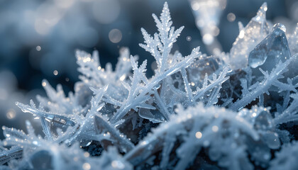 Ice crystals in macro photography, intricate frost patterns, frozen elegance, 8K