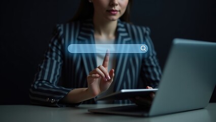 Woman interacts with a search bar on a touch screen.