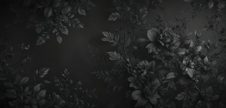Abstract charcoal botanical wallpaper, dark floral motifs  , leaves, deco