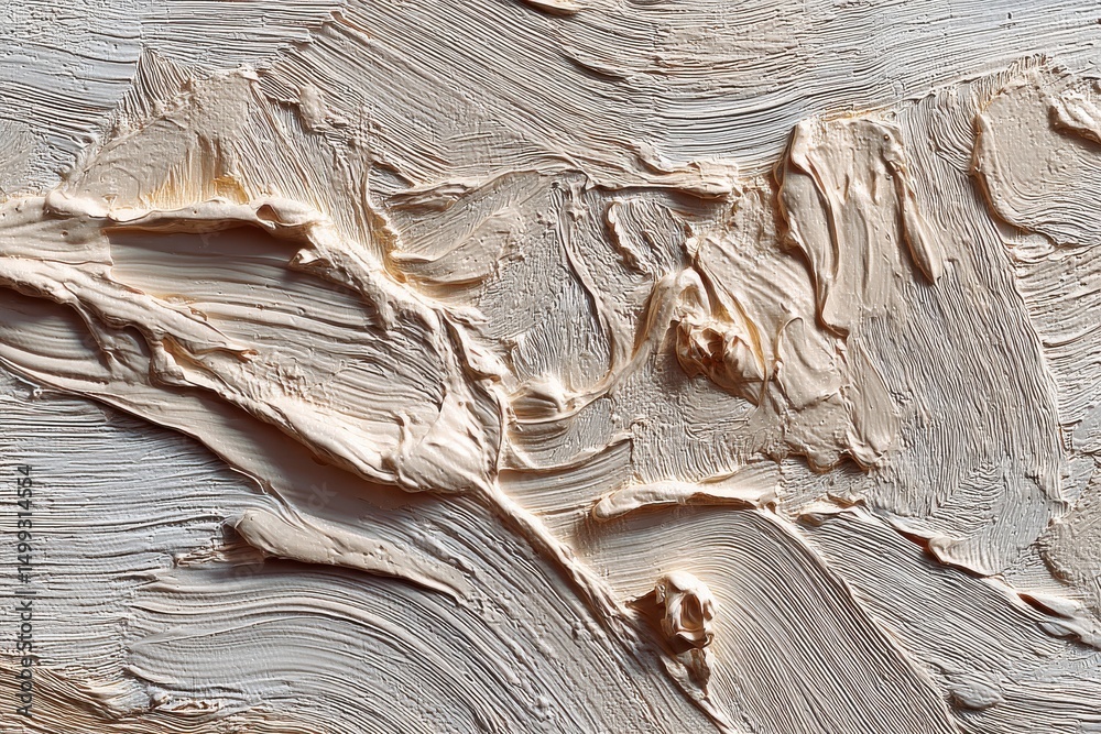 Poster close up abstract oil painting with visible brushstrokes and beige color palette, demonstrating text