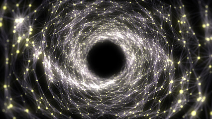 Abstract wireframe tunnel. Science wormhole. 3D portal grid. Futuristic fantasy funnel. 3d rendering.
