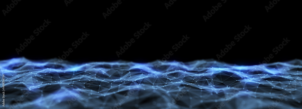 Poster abstract technology wave of particles and lines. big data visualization. background with motion dots