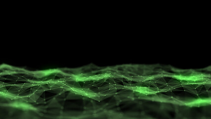 Abstract technology wave of particles and lines. Big data visualization. Background with motion dots. Artificial intelligence.