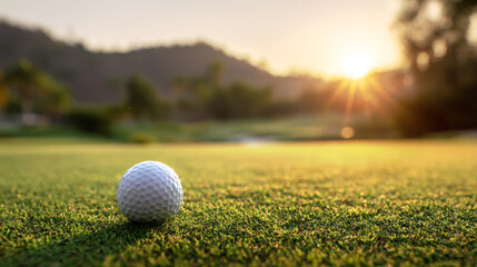 Golf Ball on Green Grass at Sunset