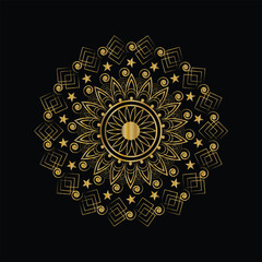 Ornate Golden Mandala with Stars, Spirals, and Geometric Shapes on Black Background
