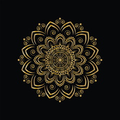 Ornate Golden Mandala with Swirls and Dots on a Black Background, Intricate Design